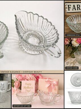 CS-07-Vintage Pressed Glass Creamer and Sugar Bowl Set, Clear Glass Farmhouse Ki